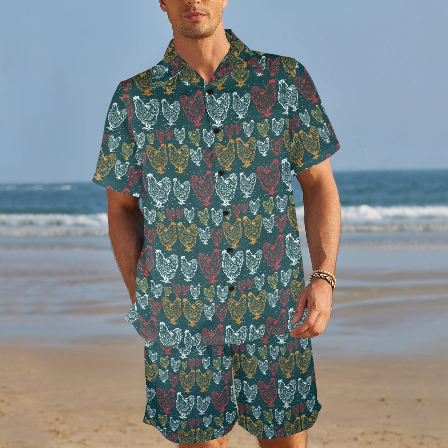 Rooster Hand Draw Design Men's Beach Shirt and Shorts Set