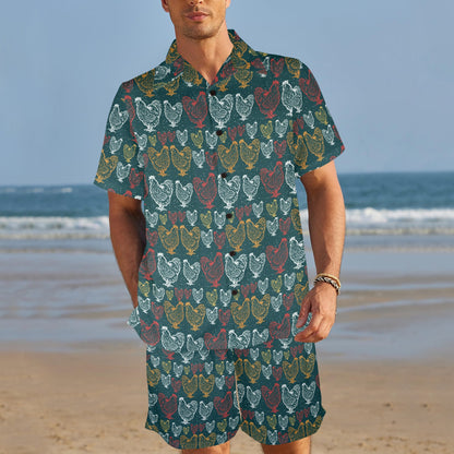 Rooster Hand Draw Design Men's Beach Shirt and Shorts Set