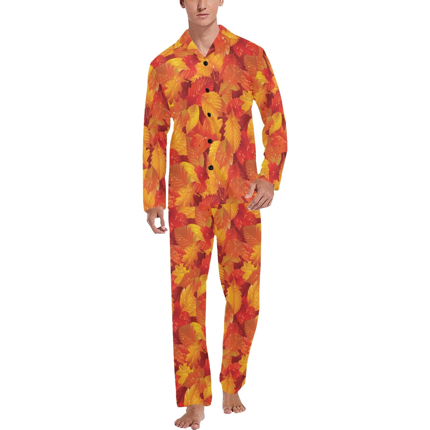 Elm Leave Autum Print Pattern Men's Long Pajama Set