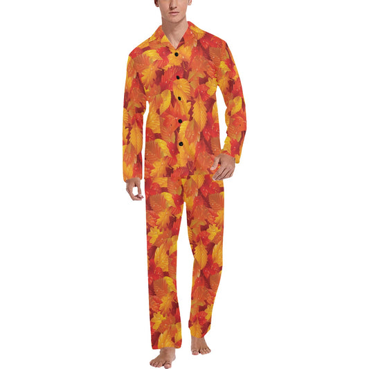Elm Leave Autum Print Pattern Men's Long Pajama Set
