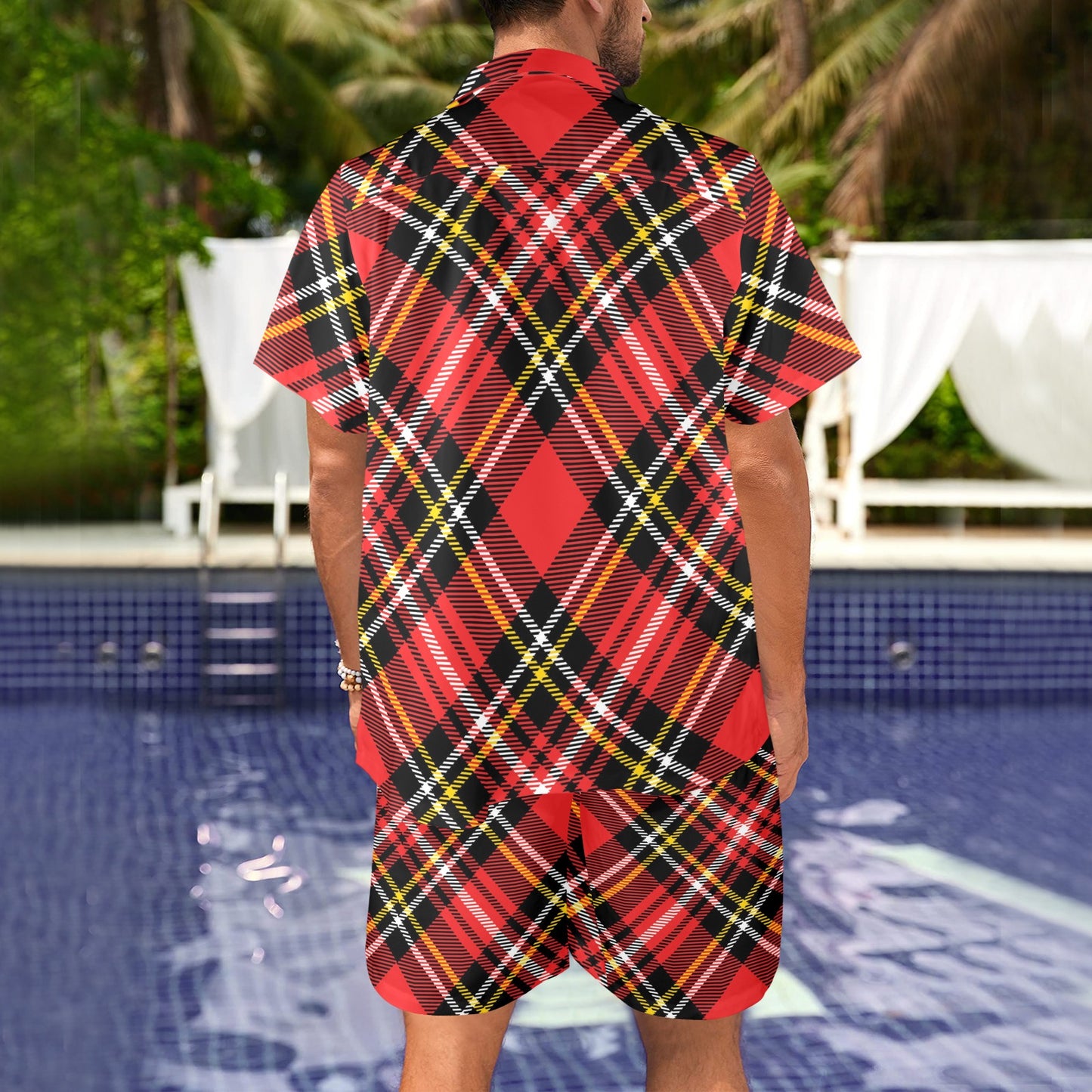 Plaid Red Pattern Print Design A03 Men's Beach Shirt and Shorts Set