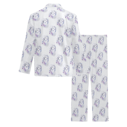 Wolf with Flower Print Design Men's Long Pajama Set