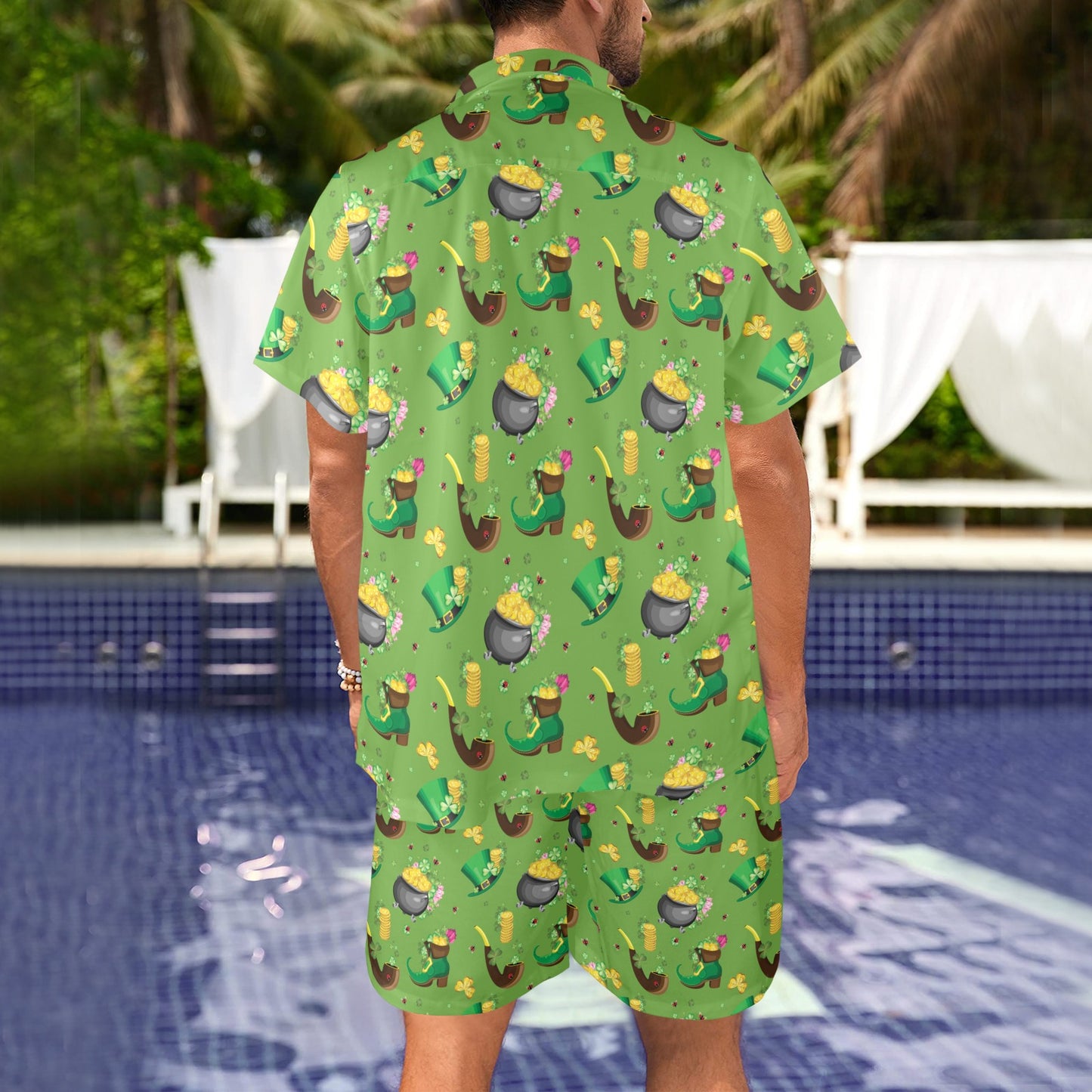 Shamrock Saint Patrick's Day Print Design LKS306 Men's Beach Shirt and Shorts Set