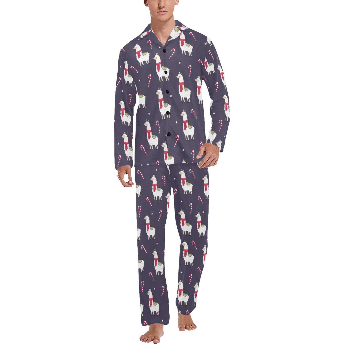Llama with Candy Cane Themed Print Men's Long Pajama Set