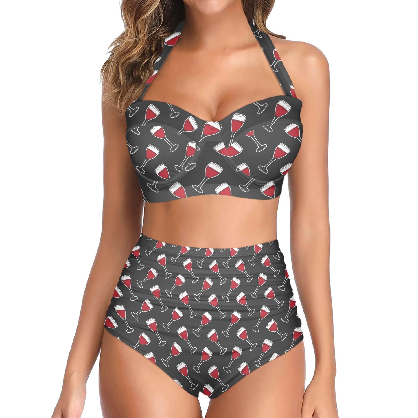 Wine Print Design LKS308 Halter Neck Bikini Swimsuit