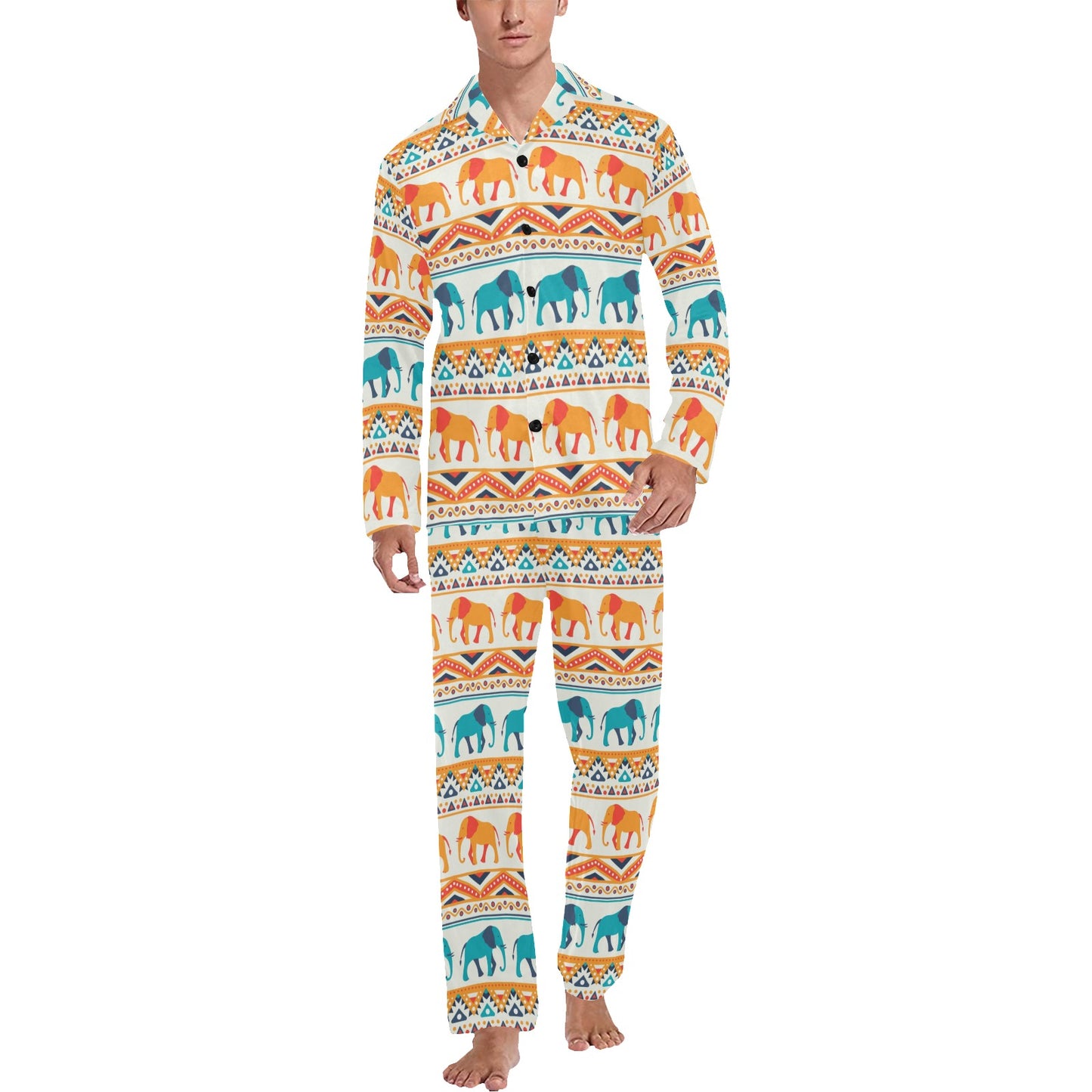 Elephant Aztec Ethnic Print Pattern Men's Long Pajama Set