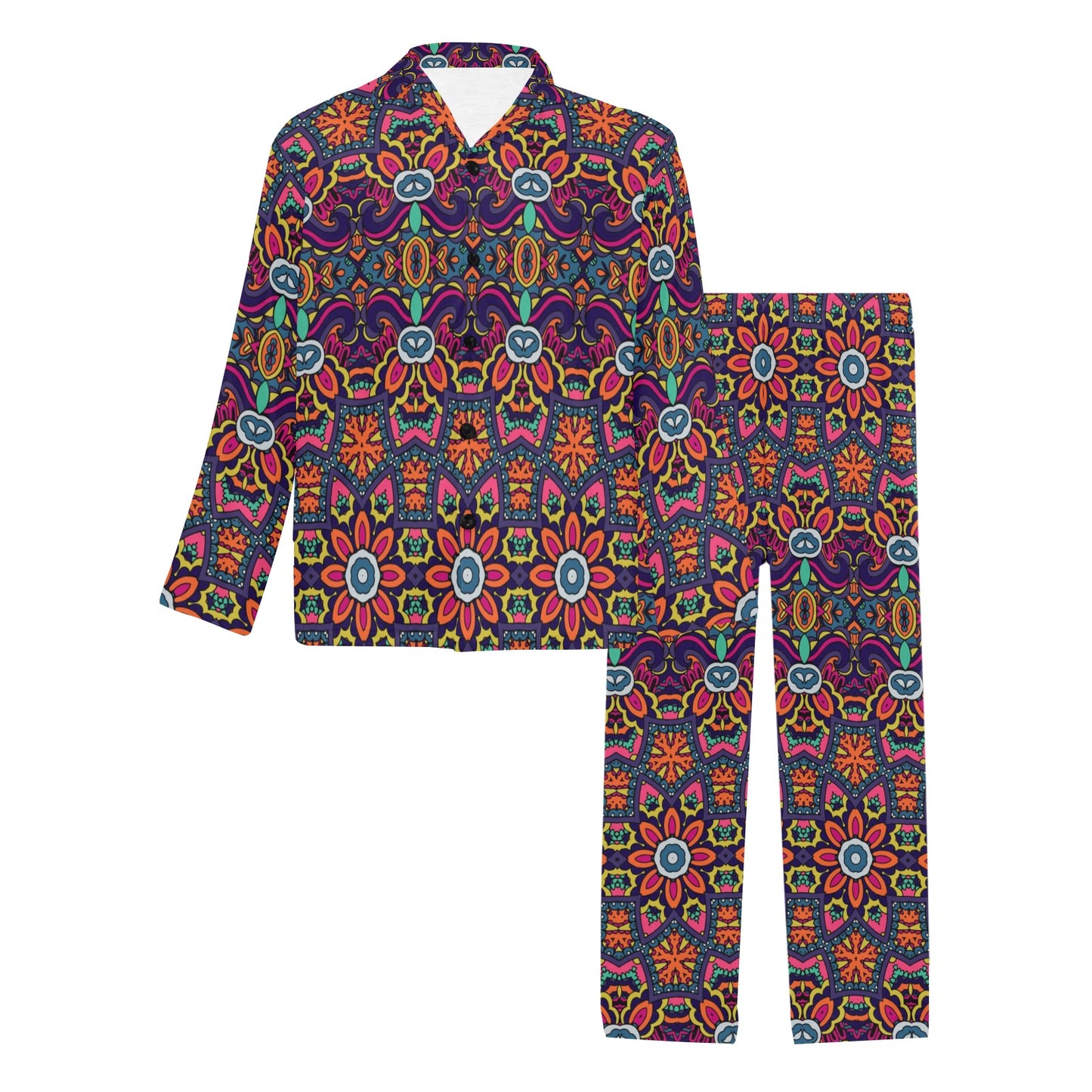 Ethnic Flower Style Print Pattern Men's Long Pajama Set
