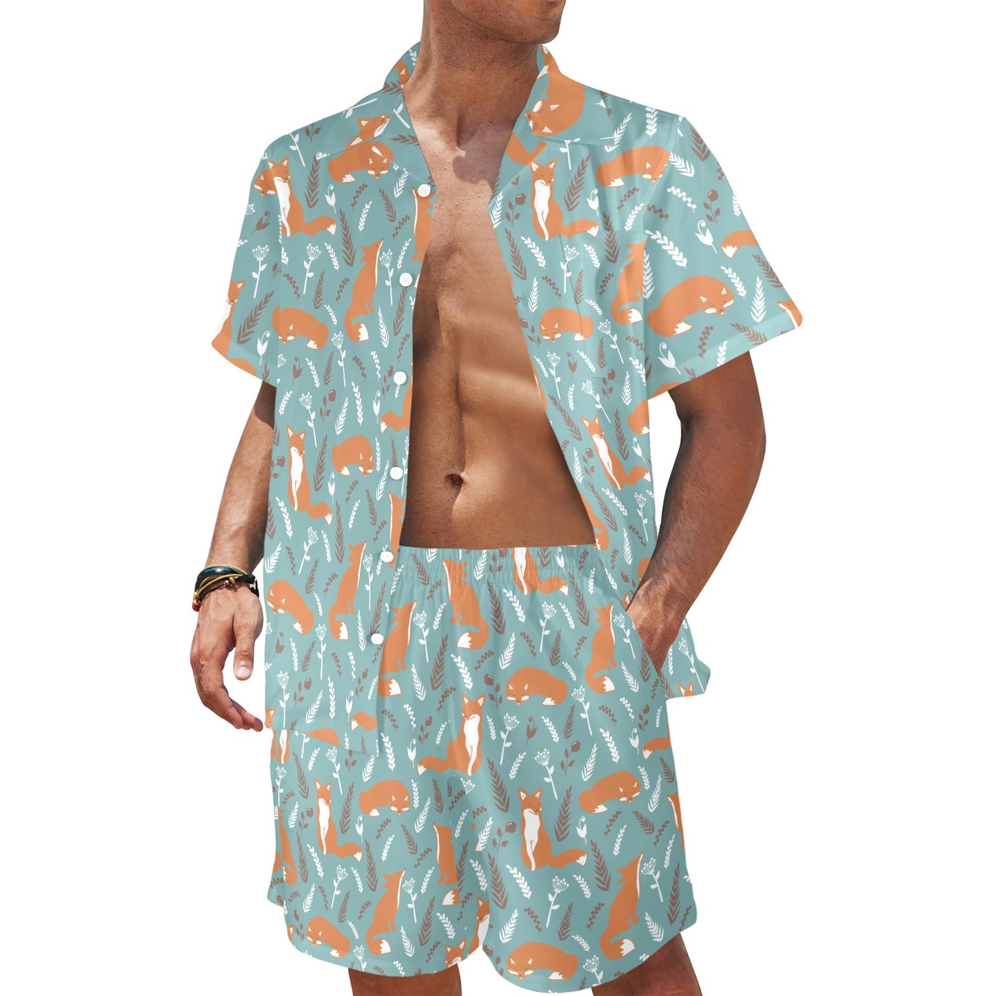 Fox Forest Print Pattern Men's Beach Shirt and Shorts Set