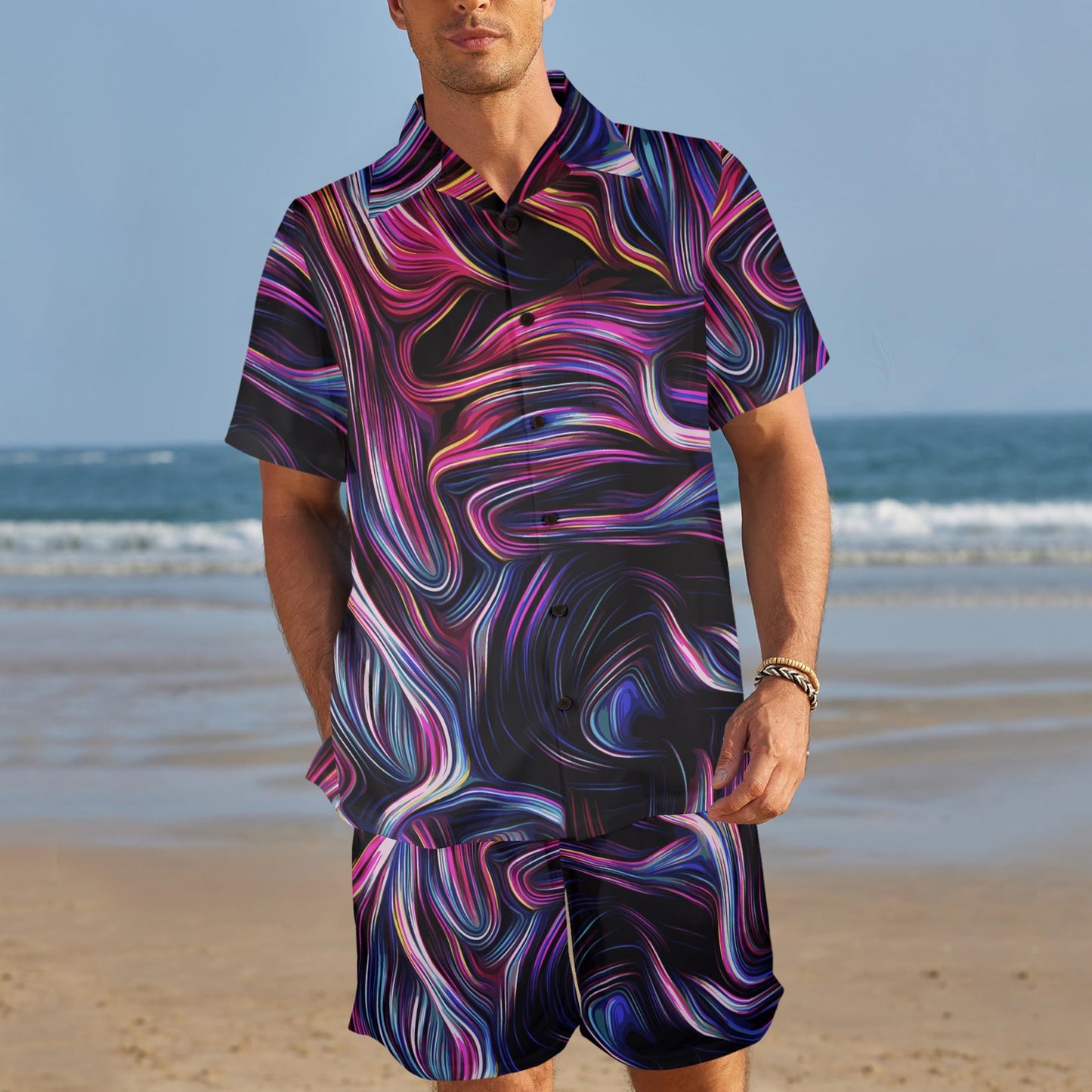 Liquid Pattern Print Design 01 Men's Beach Shirt and Shorts Set