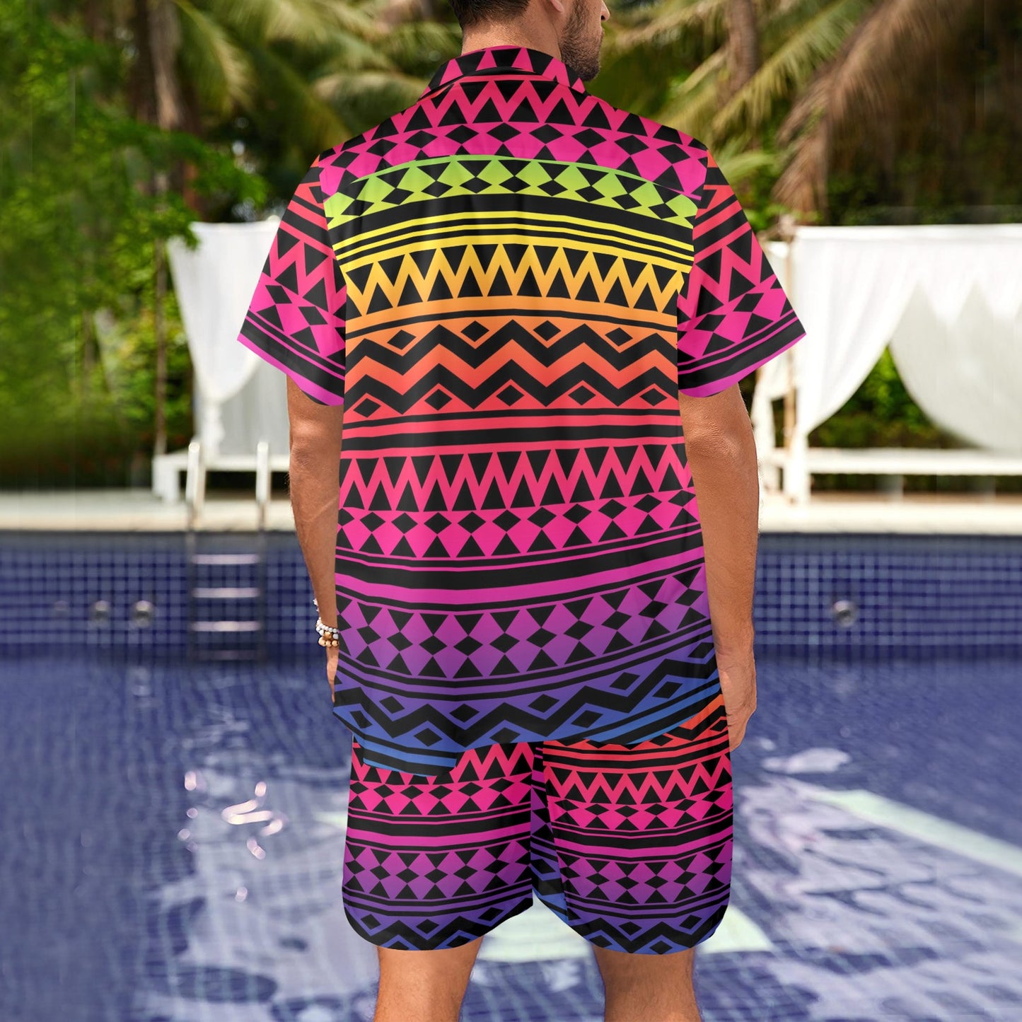 Rainbow Tribal Pattern Print Design A02 Men's Beach Shirt and Shorts Set