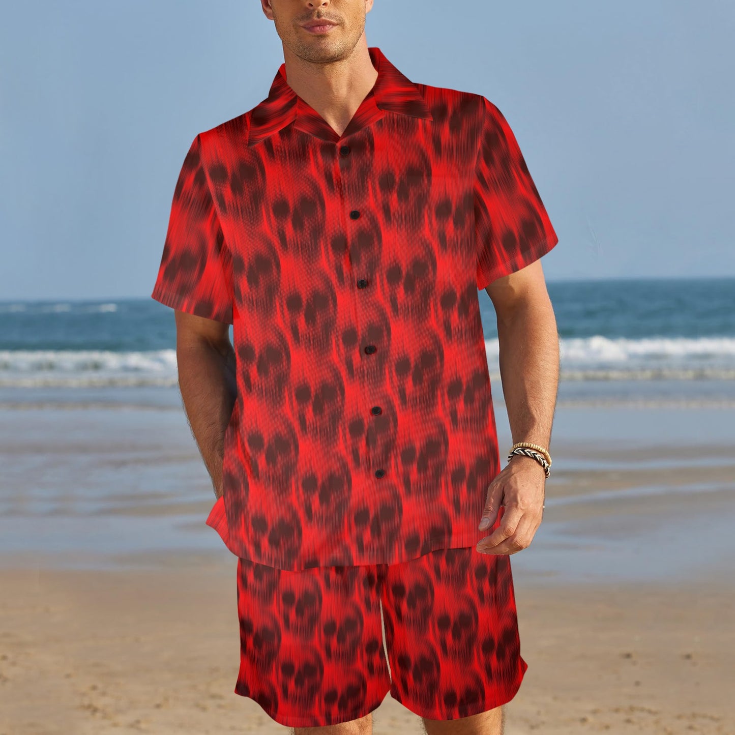flaming skulls Design Print Pattern JJ0180 Men's Beach Shirt and Shorts Set