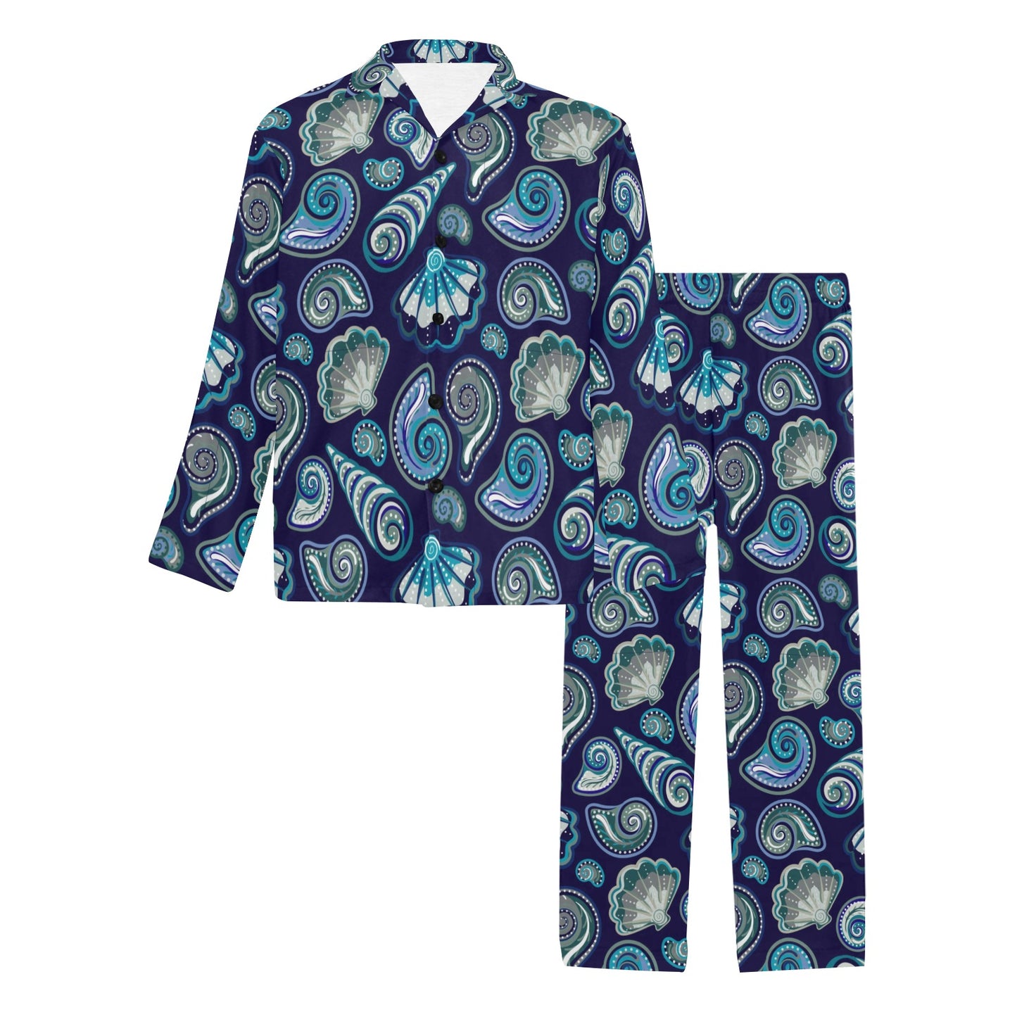 Beach Seashell Blue Print Men's Long Pajama Set