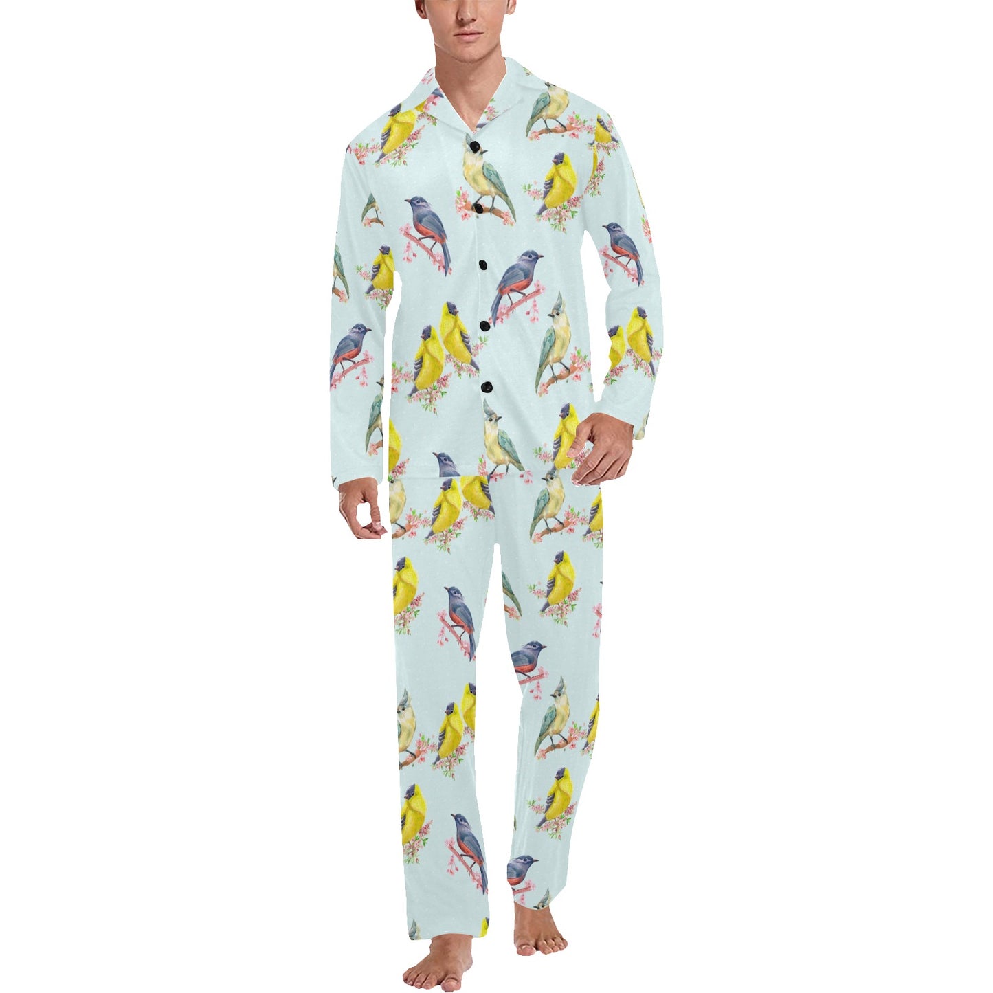 Bird Sweet Themed Print Pattern Men's Long Pajama Set