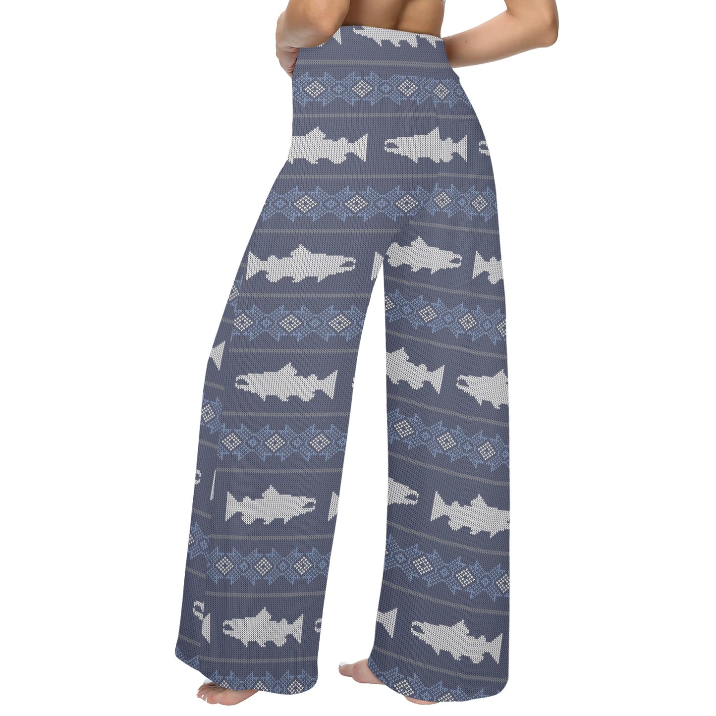 Salmon Fish Knit Style Print Design LKS304 Women's Wide Leg Lounge Pants
