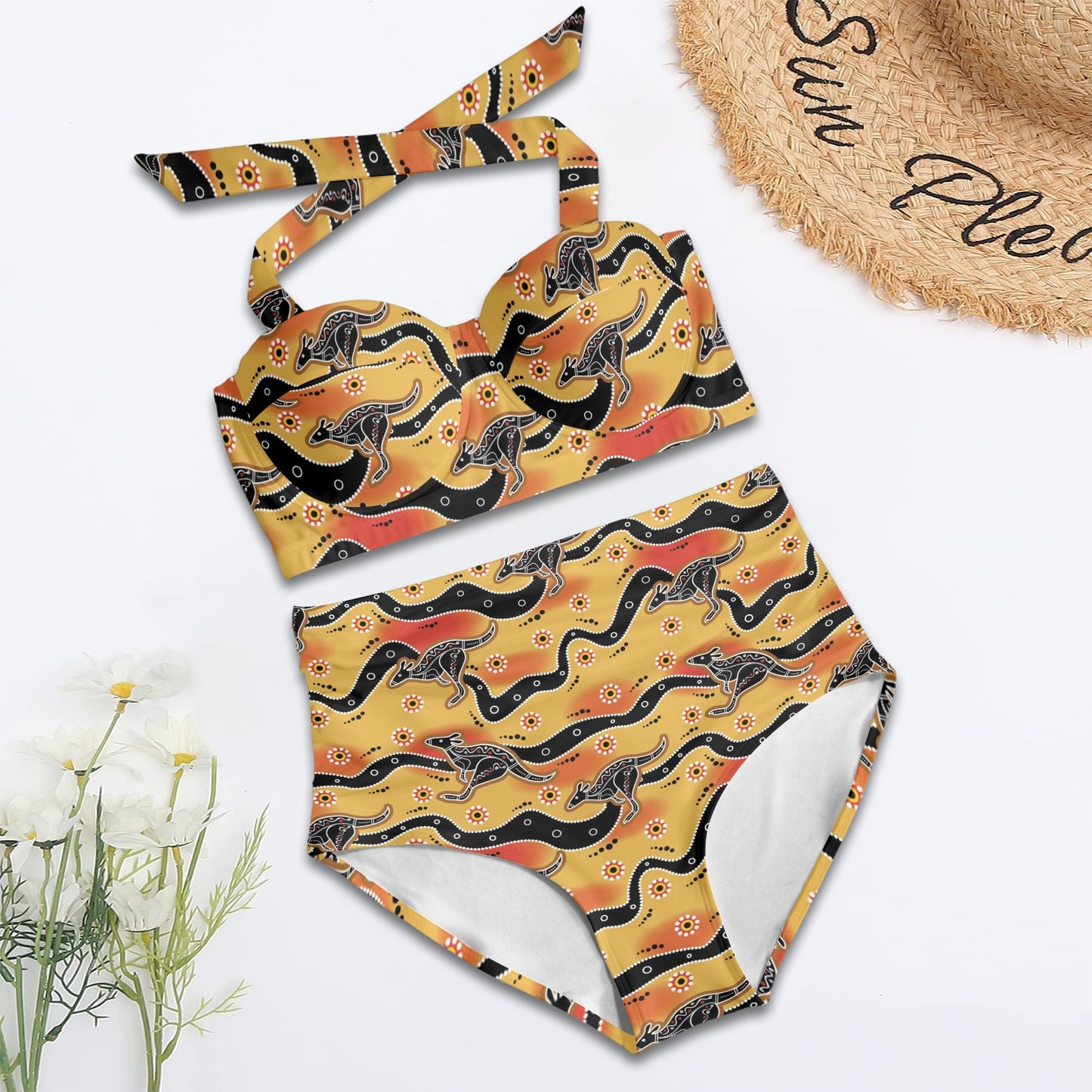 Kangaroos Aboriginal Pattern Print Design 06 Halter Neck Bikini Swimsuit