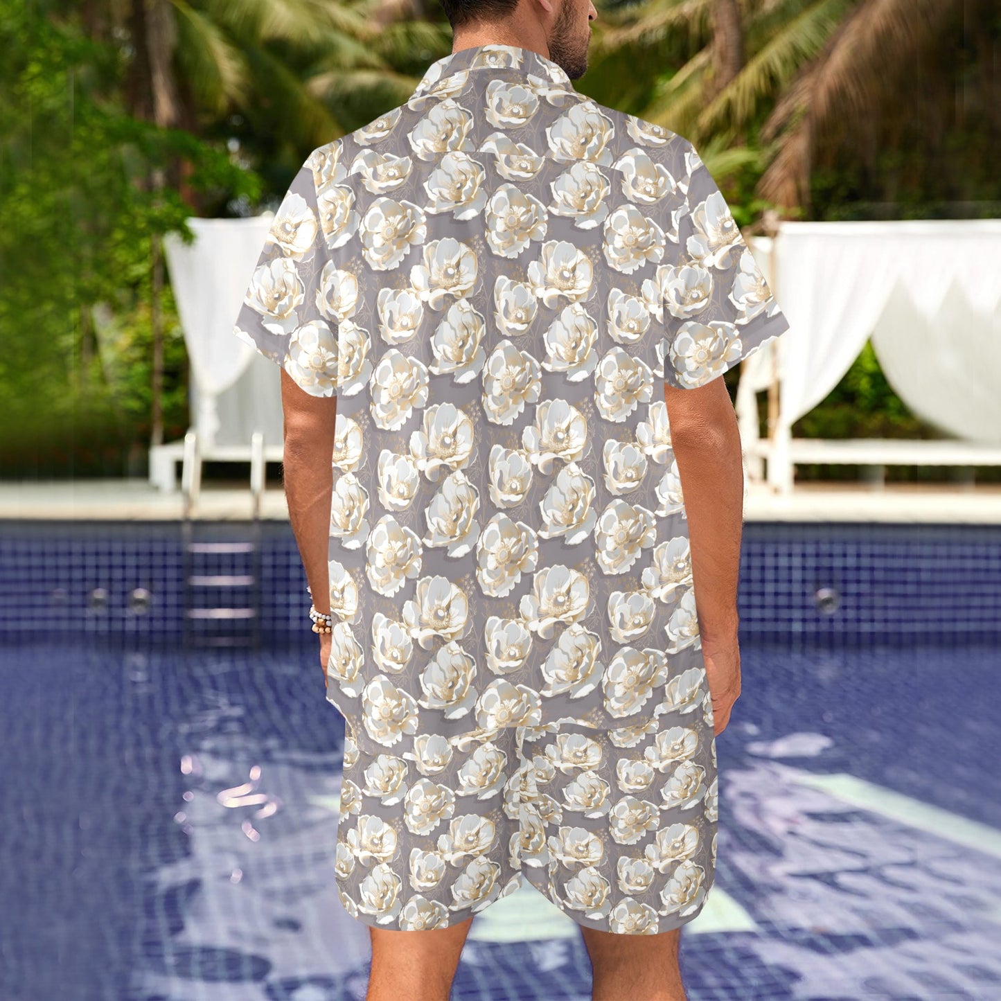 Elegant Grey Flower Print Men's Beach Shirt and Shorts Set