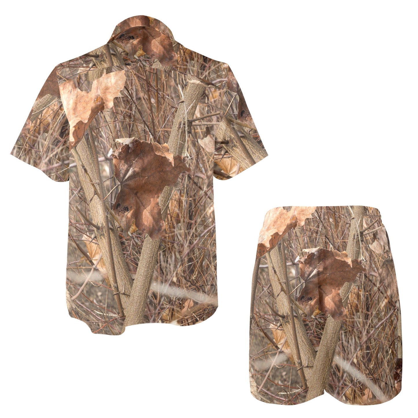 Camo Realistic Tree Forest Autumn Print Men's Beach Shirt and Shorts Set