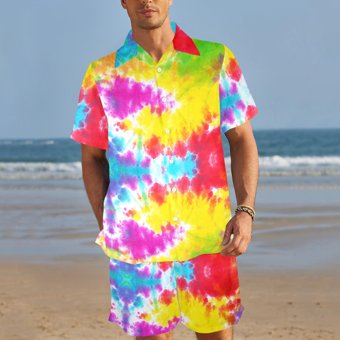 Tie Dye Rainbow Themed Print Men's Beach Shirt and Shorts Set