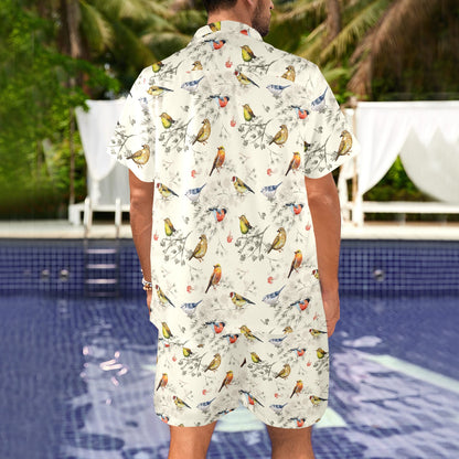 Bird Watercolor Design Pattern Men's Beach Shirt and Shorts Set
