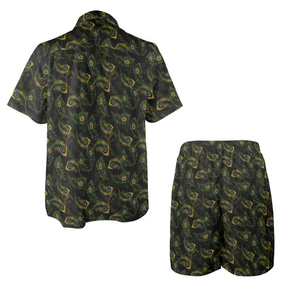 Peacock Feather Pattern Design Print Men's Beach Shirt and Shorts Set