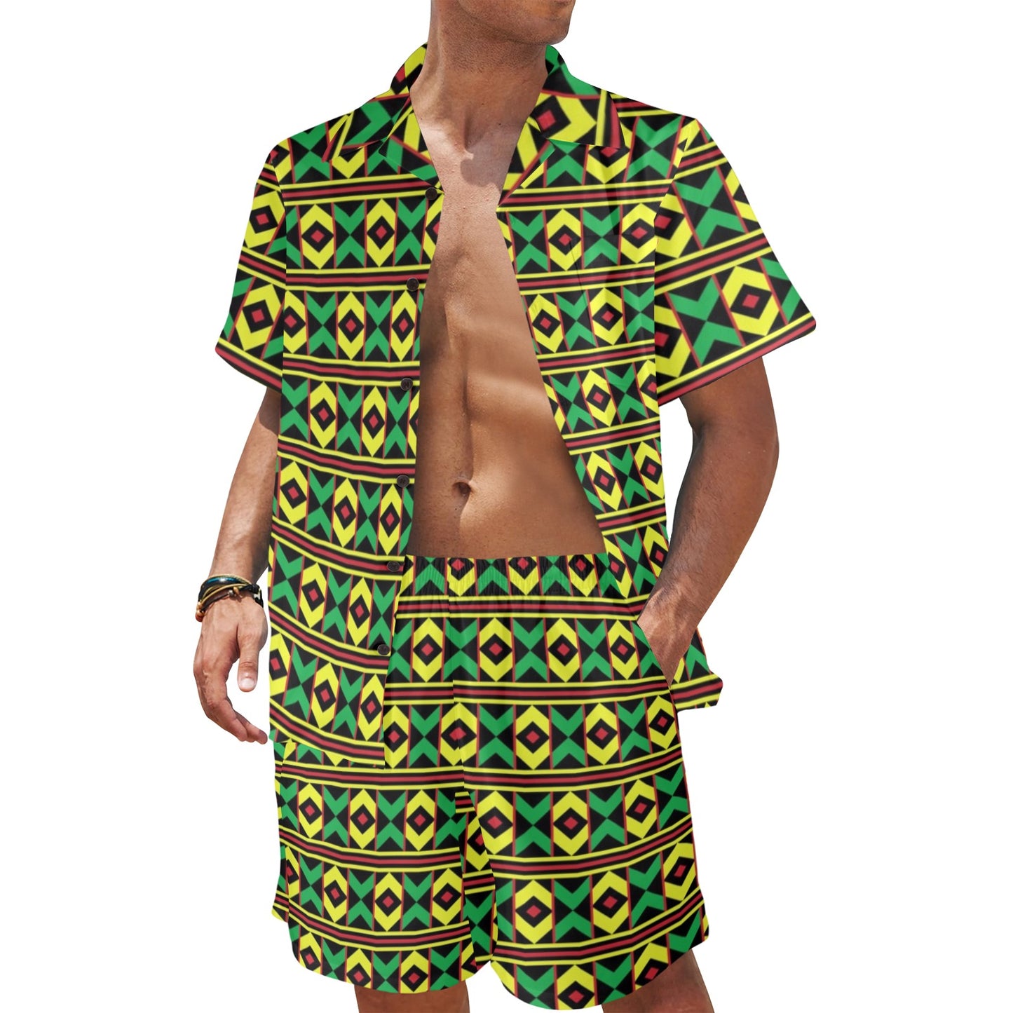 African Geometric Print Pattern Men's Beach Shirt and Shorts Set