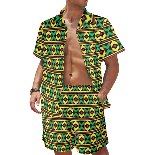 African Geometric Print Pattern Men's Beach Shirt and Shorts Set