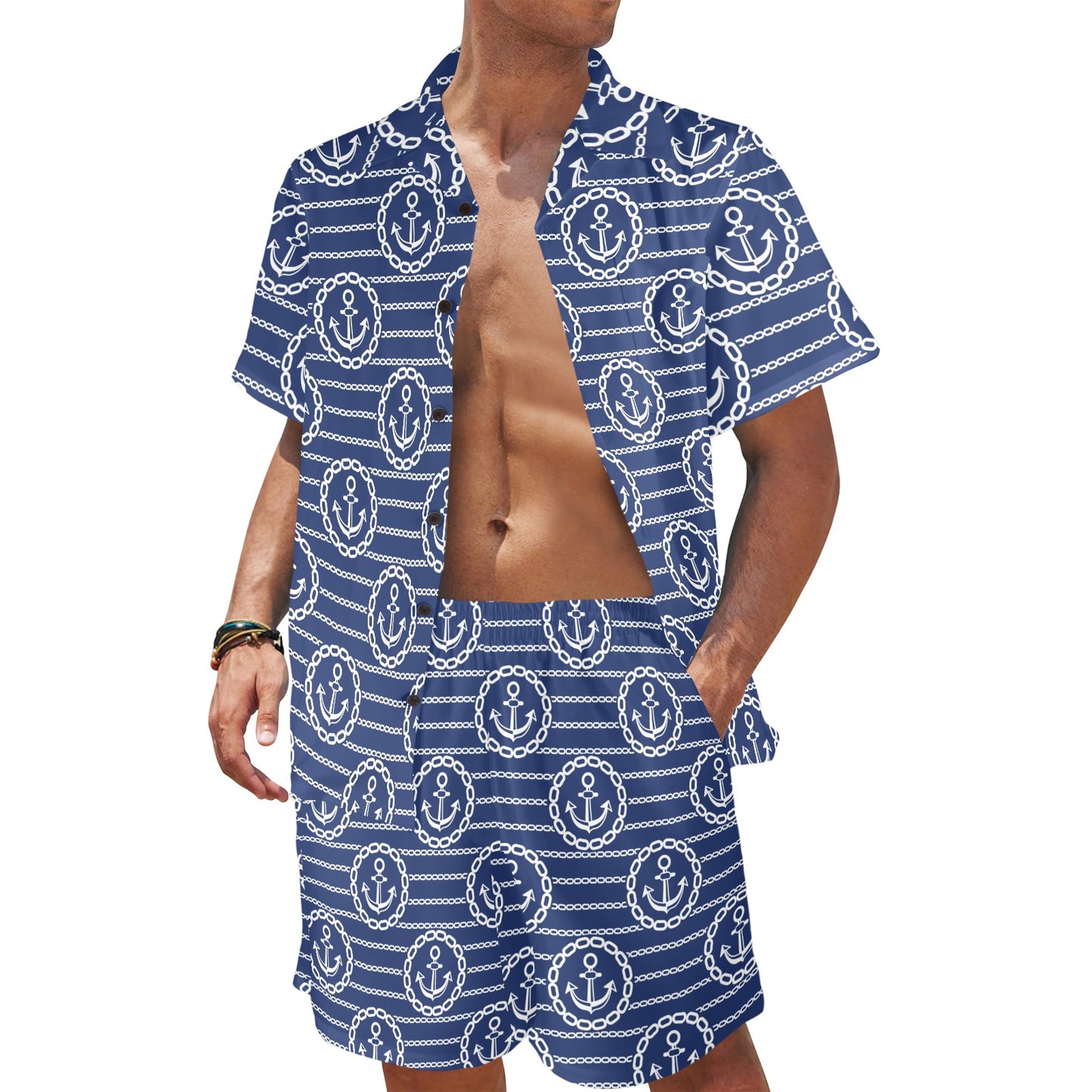 Anchor Stripe Pattern Men's Beach Shirt and Shorts Set