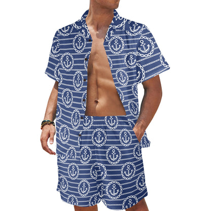 Anchor Stripe Pattern Men's Beach Shirt and Shorts Set
