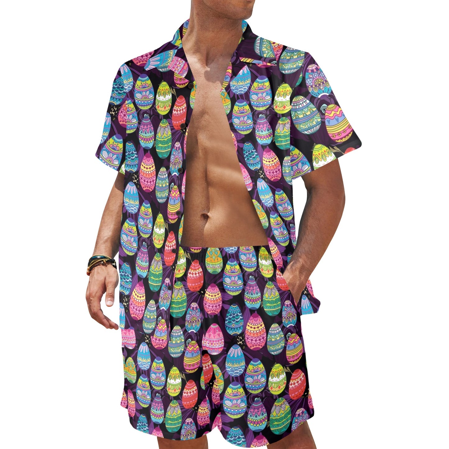 Easter Eggs Pattern Print Design RB08 Men's Beach Shirt and Shorts Set