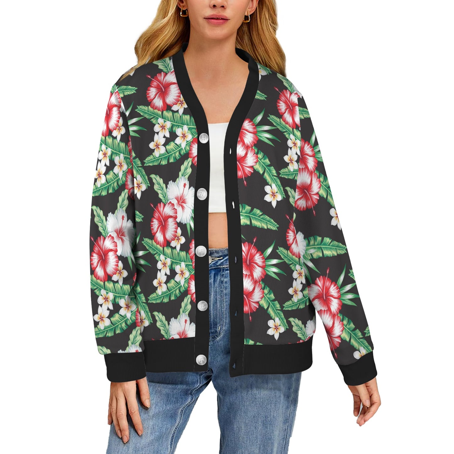 Hawaiian flower tropical leaves Women's Cardigan