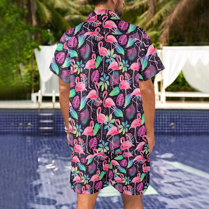 Flamingo Tropical leaves Neon Print Men's Beach Shirt and Shorts Set