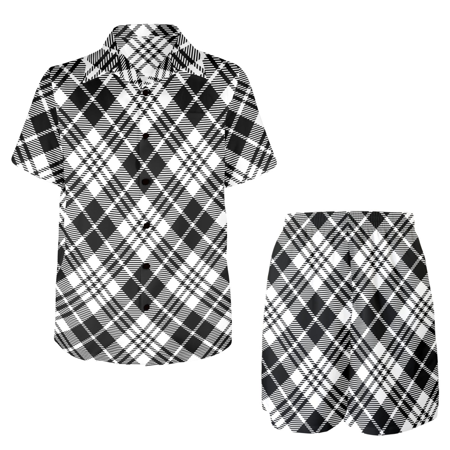 Plaid Black White Pattern Print Design A02 Men's Beach Shirt and Shorts Set