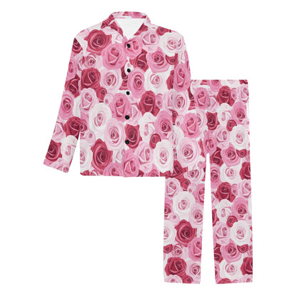 Pink Red Rose Pattern Print Men's Long Pajama Set