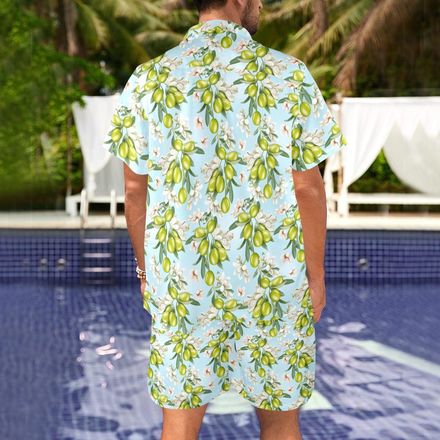 Elegant Olive Floral Print Men's Beach Shirt and Shorts Set