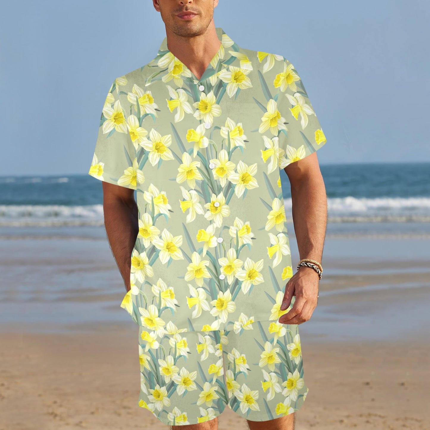Daffodils Pattern Print Design DF01 Men's Beach Shirt and Shorts Set