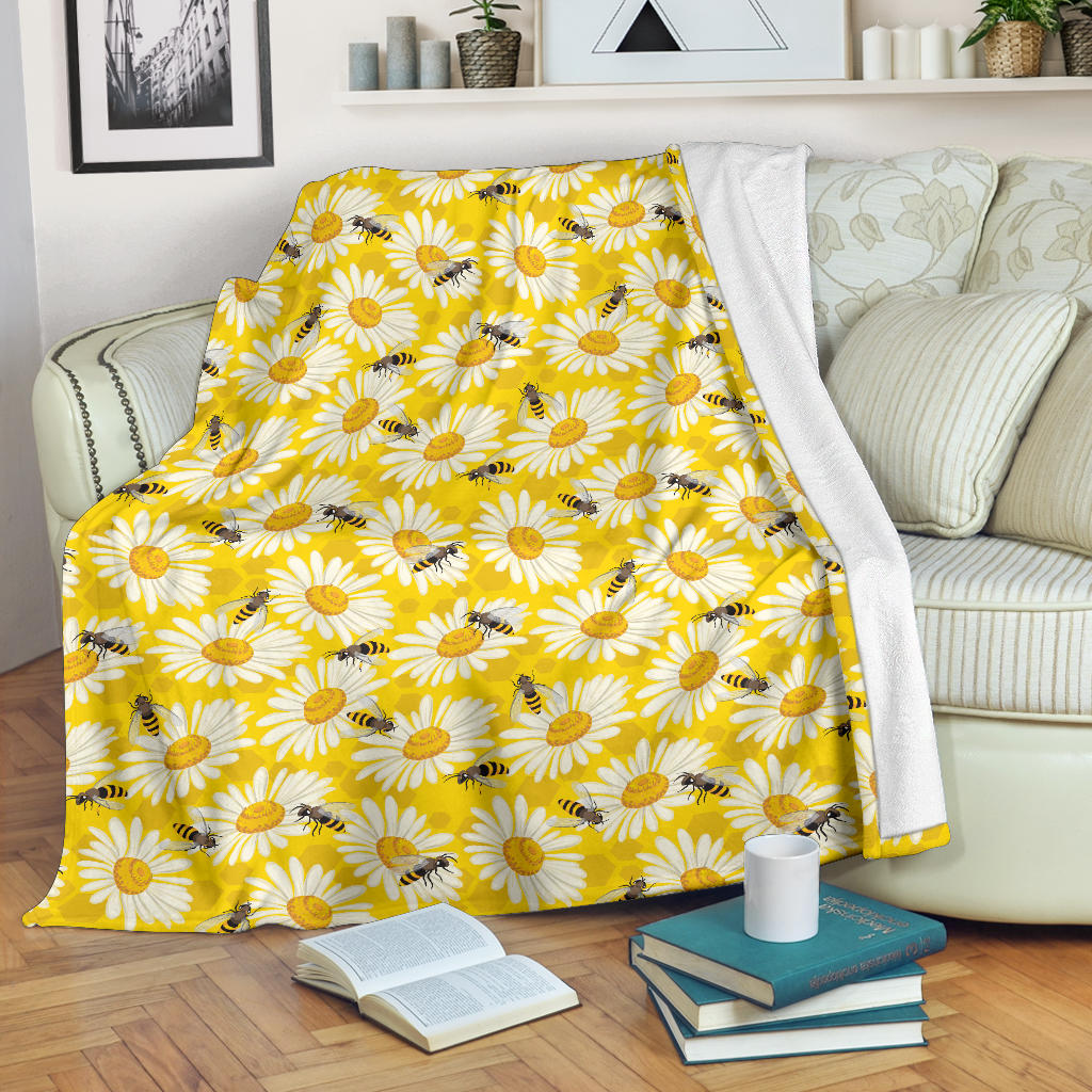 Bee Daisy Pattern Print Design 06 Premium Blanket