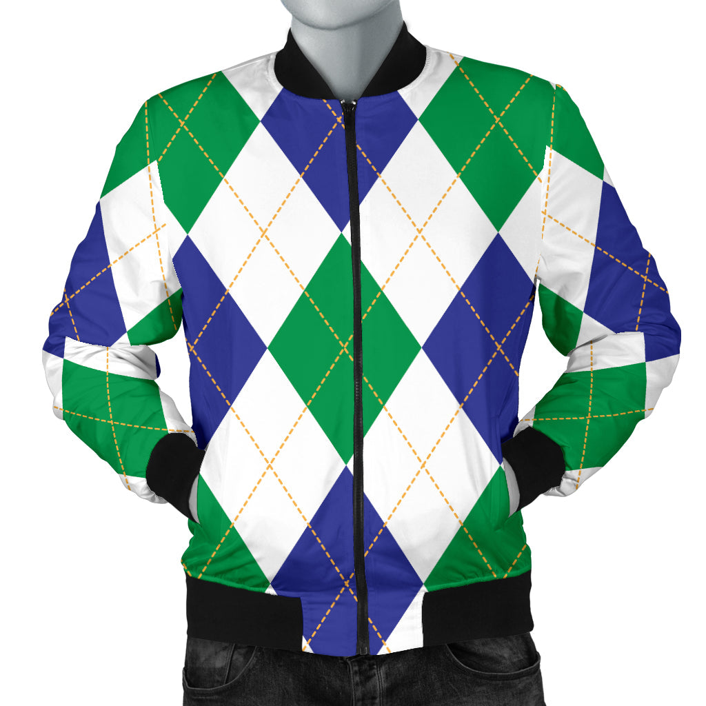 Argyle Green Blue Pattern Print Design 03 Men Bomber Jacket