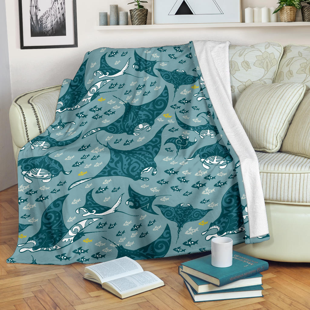 Manta Ray Tribal Pattern Print Design 03 Premium Blanket