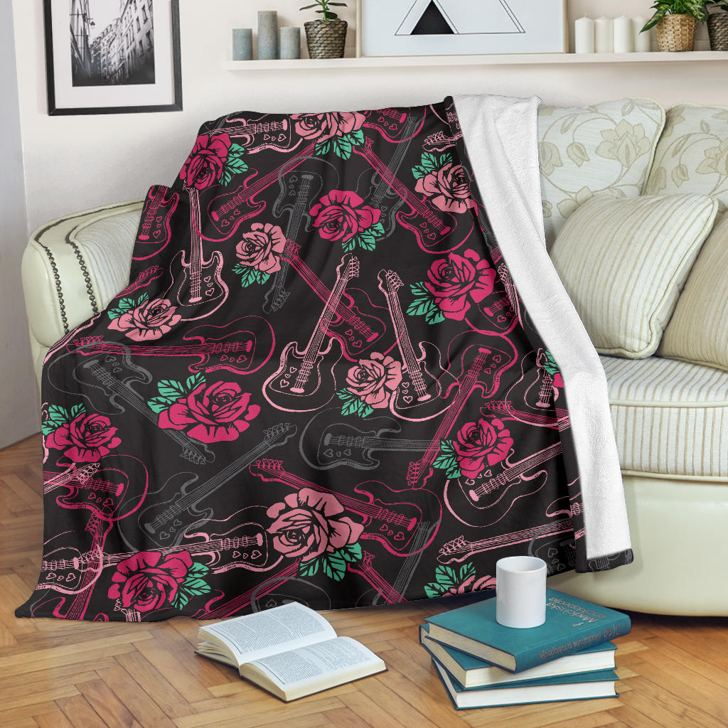 Bass Guitar Pink Rose Pattern Print Design 01 Premium Blanket