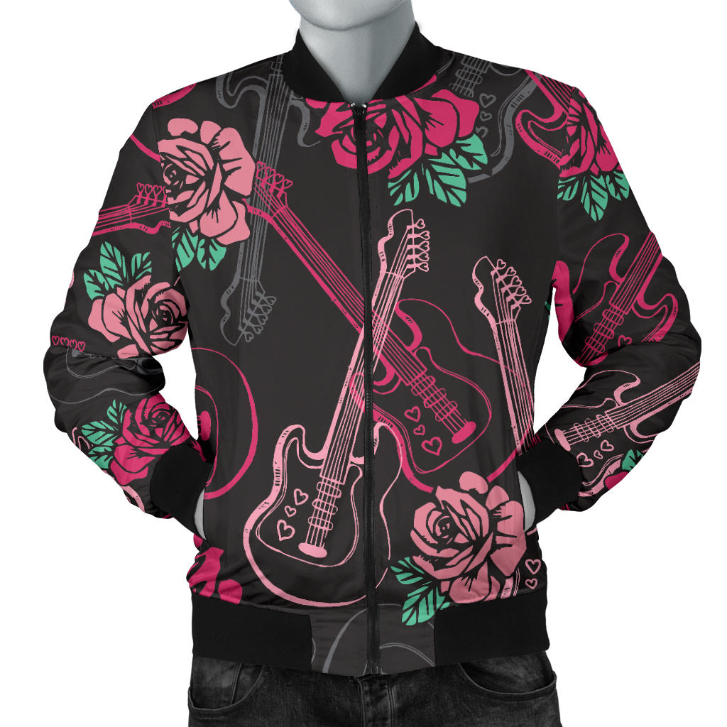 Bass Guitar Pink Rose Pattern Print Design 01 Men Bomber Jacket