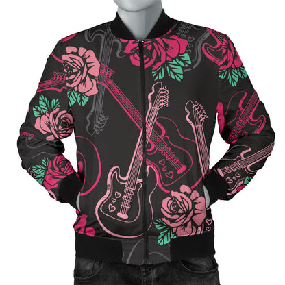Bass Guitar Pink Rose Pattern Print Design 01 Men Bomber Jacket
