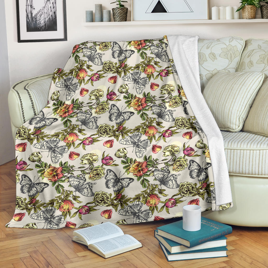Butterfly Flower Pattern Print Design 06 Premium Blanket