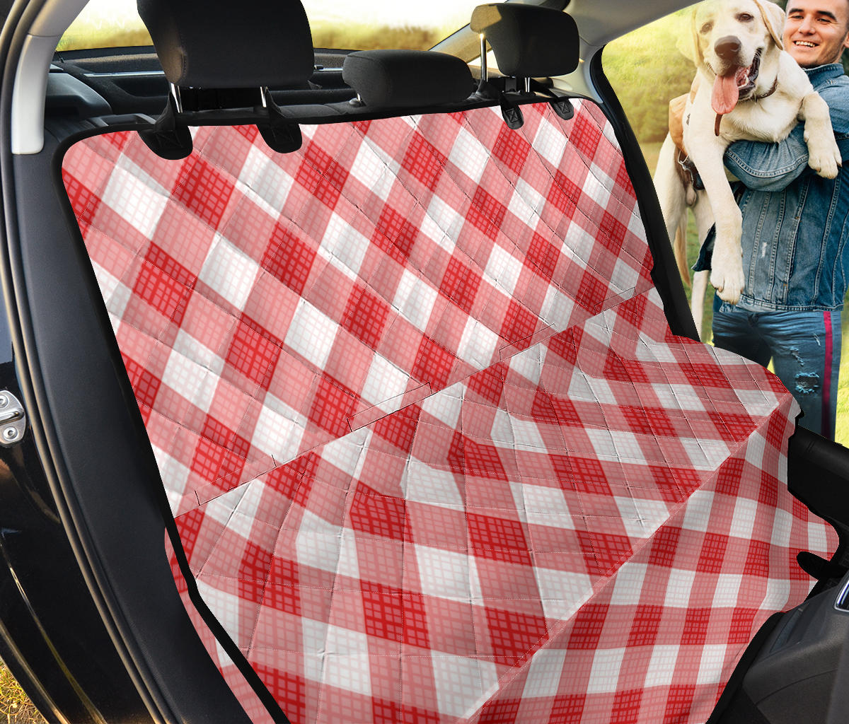 Gingham Red Pattern Print Design 01 Rear Dog Car Seat Cover Hammock