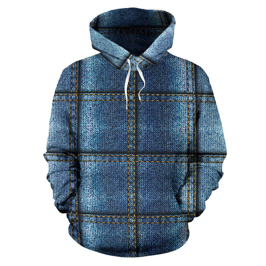 Jean Patchwork Pattern Print Design 02 Pullover Hoodie