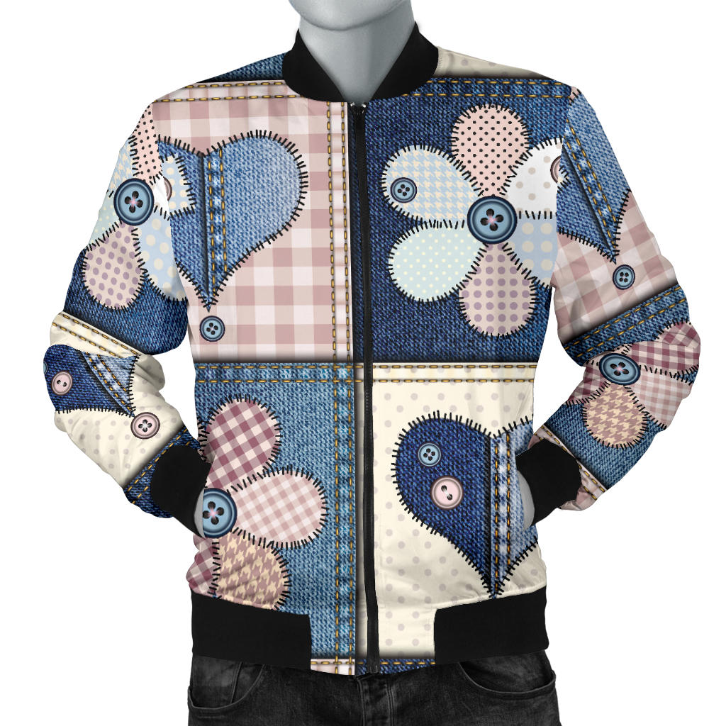 Patchwork Heart Flower Pattern Print Design 01 Men Bomber Jacket