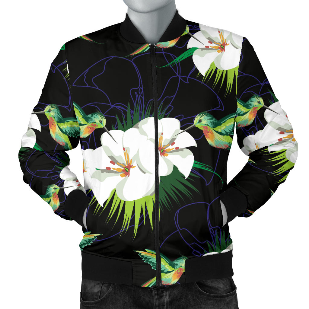 Hummingbird with Flower Pattern Print Design 03 Men Bomber Jacket
