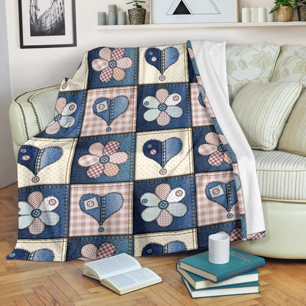 Patchwork Heart Flower Pattern Print Design 01 Premium Blanket