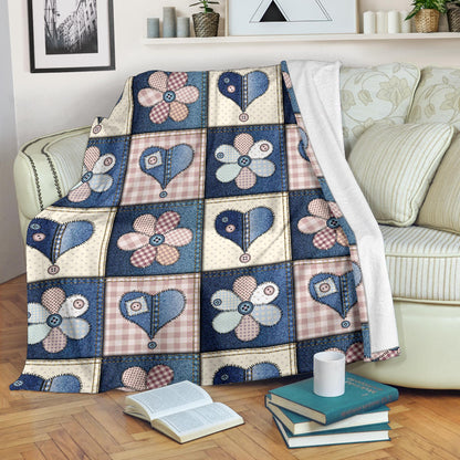 Patchwork Heart Flower Pattern Print Design 01 Premium Blanket