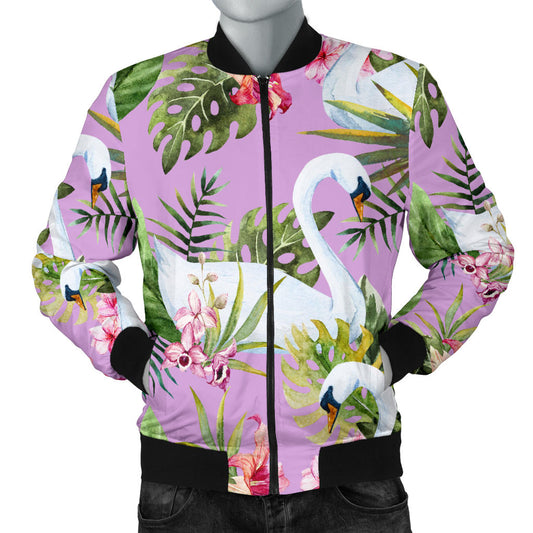 Swan with Flower Pattern Print Design 01 Men Bomber Jacket