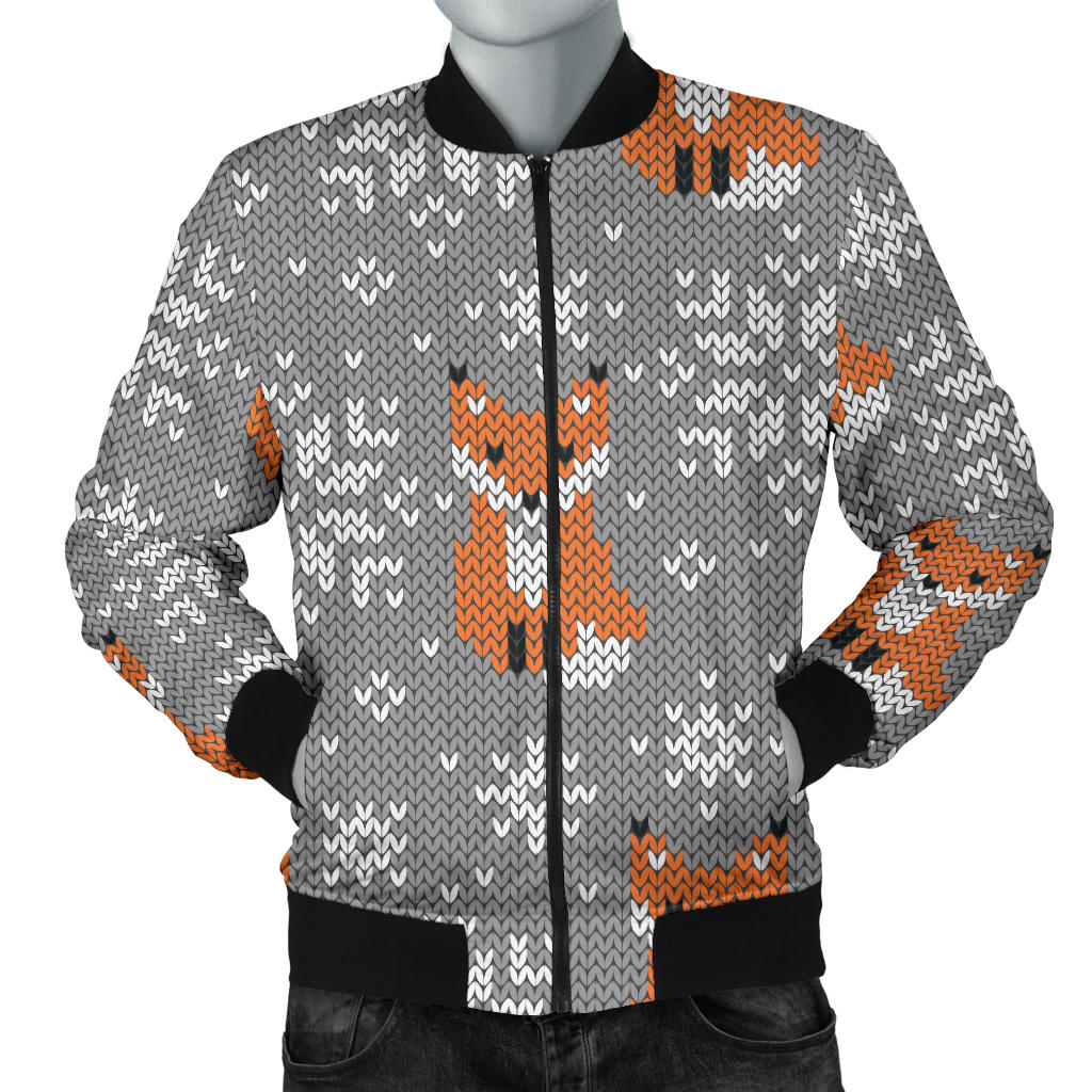 Knit Red Fox Pattern Print Design 02 Men Bomber Jacket